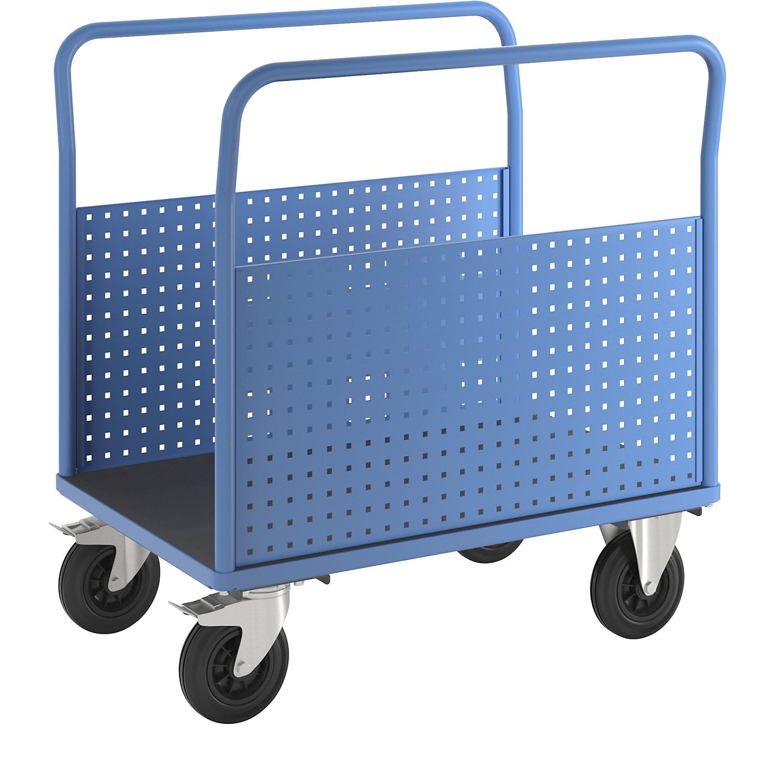 eurokraft pro | Plattformwagen | Mit 2 Lochblechseitenwänden, LxB 1050 x 700 mm, Vollgummi