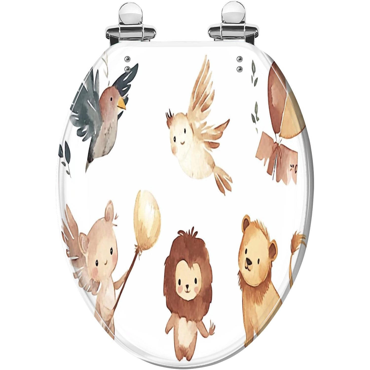 Sedile per WC per bambini con chiusura ammortizzata, motivo acquerello, uccello, leone, orso, resina, cerniere a sgancio rapido, facile installazione.