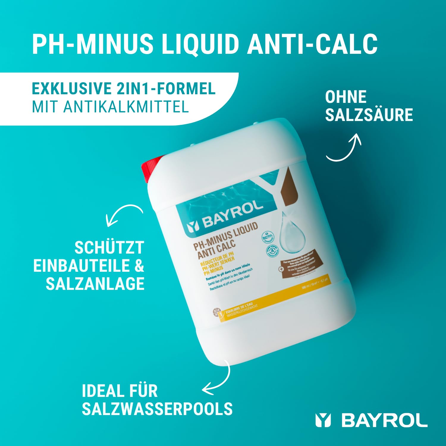 Bayrol pH-Minus Liquid Anti Calc 20 L - Flüssiges Konzentrat zur Senkung eines pH-Wertes über 7,4 in privaten Schwimmbecken. Verhindert Kalkablagerungen. Weiß