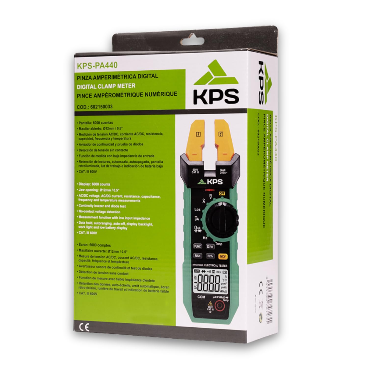 KPS-PA440 Pinza Amperimétrica Profesional con Maxilar Abierto - Multímetro Digital con Medición de Corriente AC 200A, Corriente DC 1000µA, Voltaje AC/DC 600V, Temperatura, Frecuencia, Capacidad y NCV