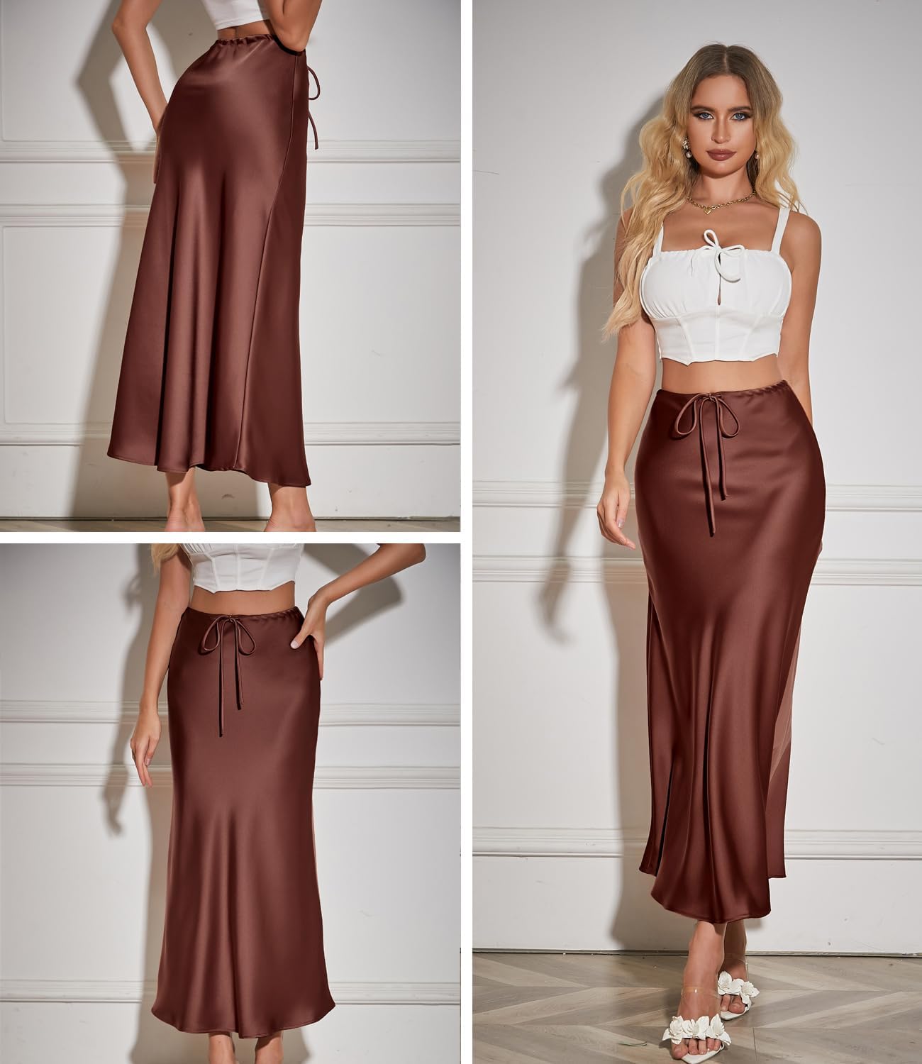 Womens Satin Silk Maxi Skirts Drawstring Flared Casual A-Line Long Skirt for Women - Image 5