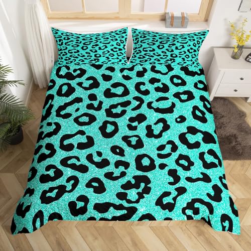 Castle Fairy Safari Animal Fur Print Duvet Cover Set Toddler Size,Green Leopard Glitter Print Bedding Set,Cheetah Wildlife Skin Quilt Cover for Kids,Comforter Cover(No Filler),2 Pcs
