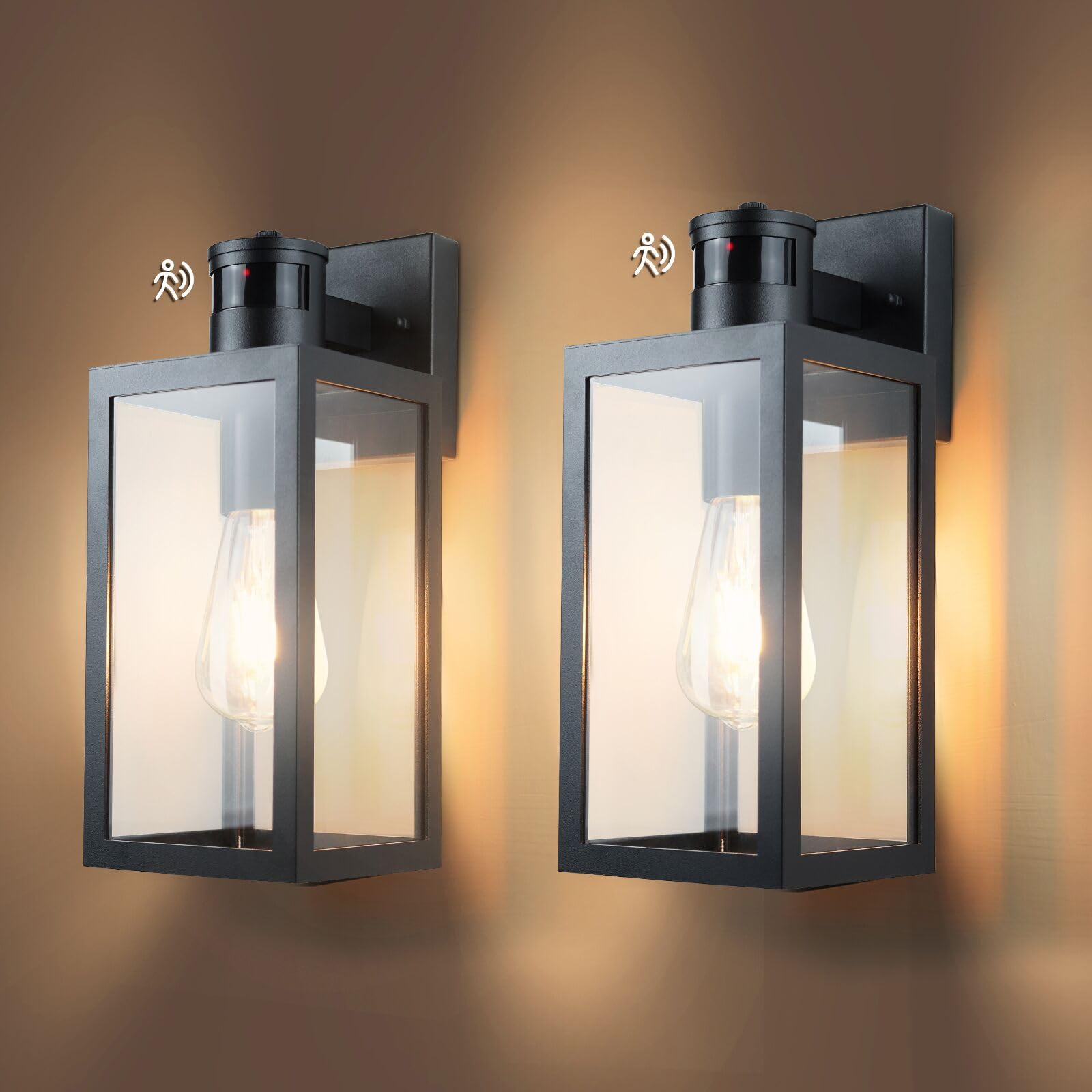 Aranzyec Black 2 X Motion Sensor Outdoor Wall Lights, Upgrade Dusk To Dawn Wall Sconce, Waterproof Porch Light Fixtures Wall Mount For Entryway Doorway Garage, E27 Socket, Pir Motion Activated