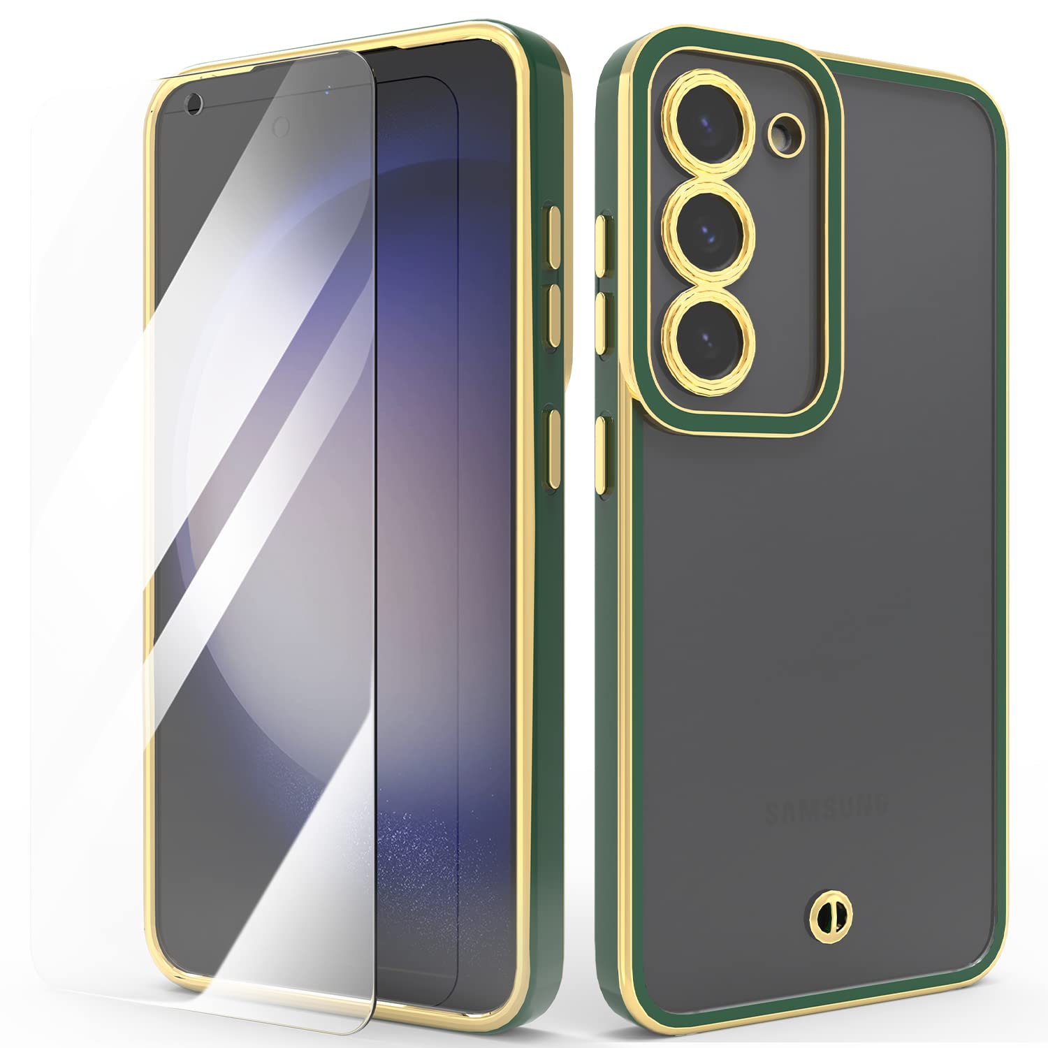 HTDELECSamsung Galaxy S23 5G Case + Tempered Glass Film,Transparent TPU Silicone Shockproof Bumper Case for Samsung Galaxy S23 5G - Green