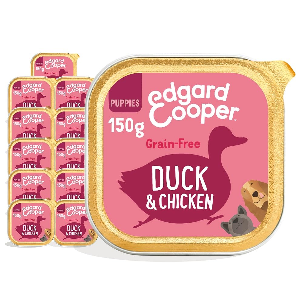 Edgard & Cooper Comida Húmeda para Perros Cachorros Puppy Junior Paté Perros Natural Sin Cereales Tarrinas 150g x 11 Pato & Pollo Fresco, Alimentación Sana Sabrosa y Equilibrada, Carne Fresca