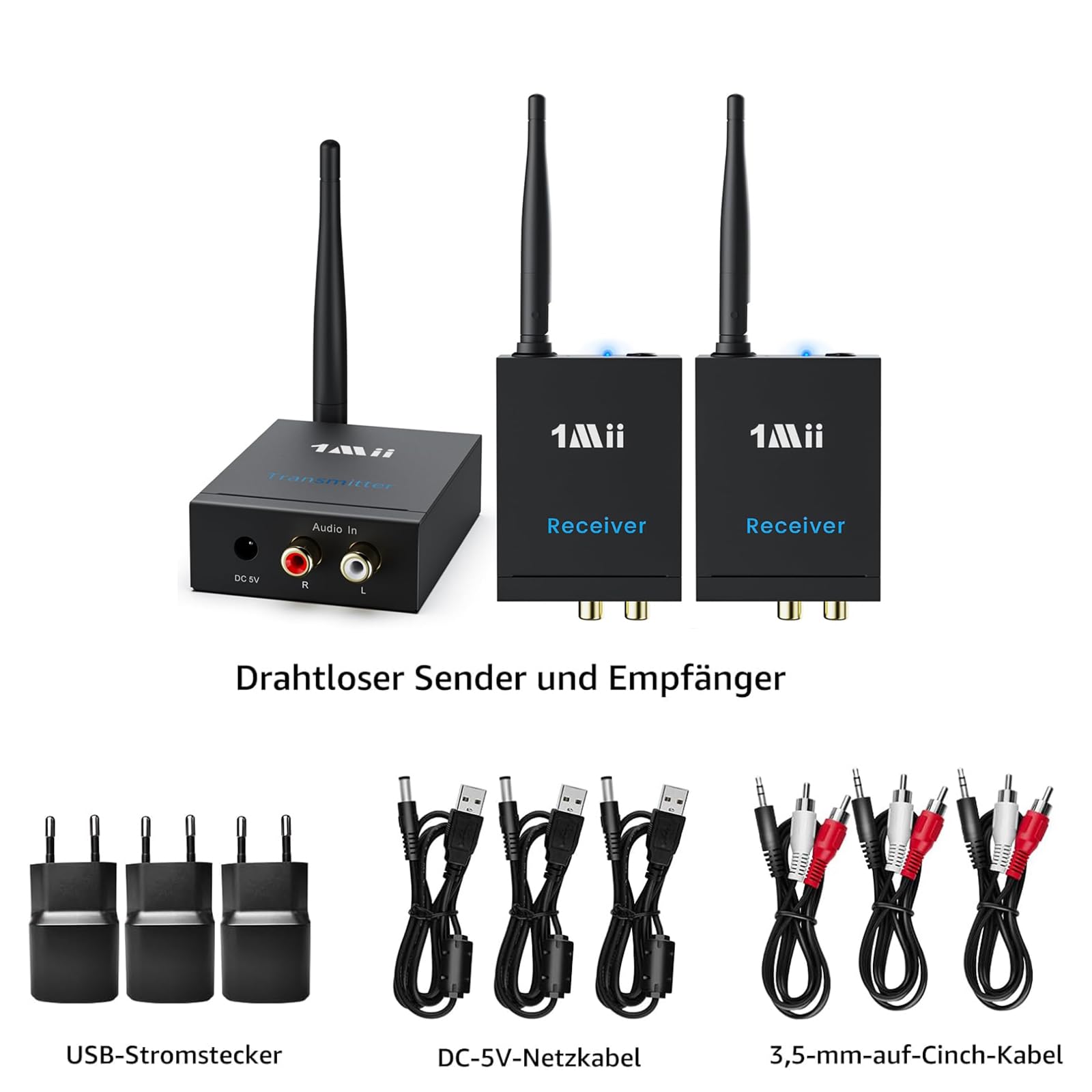 1Mii (1 TX + 2 RX) Drahtlos Audio Sender Empfänger, 2,4 GHz Funkübertragung | Niedrige Verzögerung, 100m Großer Reichweite von TV/PC zu Aktivlautsprecher/Verstärker/AV-Receiver, Cinch-Ausgang/-Eingang