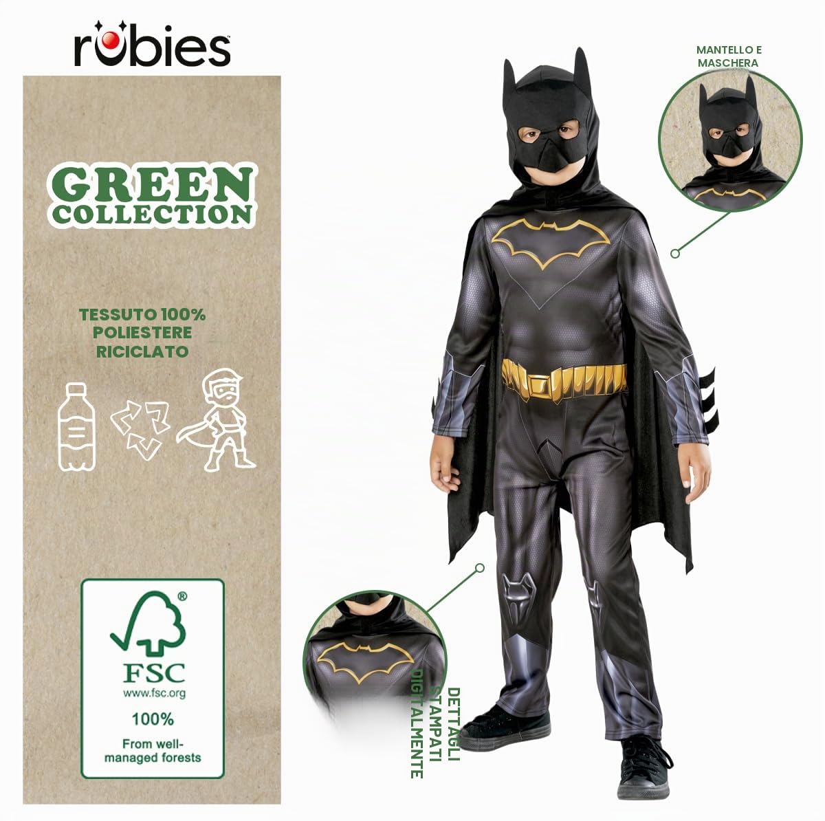 Rubies Costume Batman per bambini, Green Collection, costume sostenibile, tuta con mantello e maschera, ufficiale DC Comics per Halloween, Carnevale, Natale e compleanno, taglia 9-10 anni (134-140 cm)