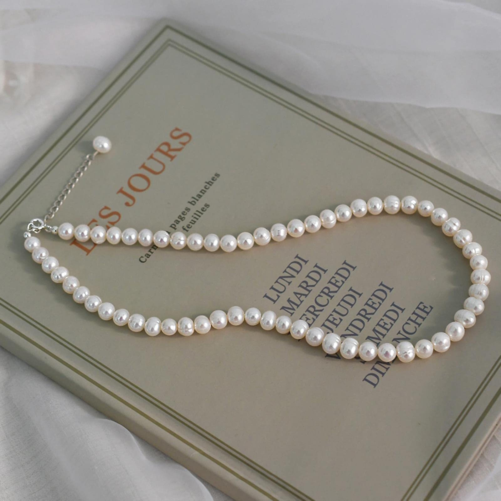 LOKILOKI Collar De Gargantillas De Perlas De Agua Dulce Naturales De 6-7mm, Joyería De Plata De Ley 925 para Mujer, Tendencia De Regalo