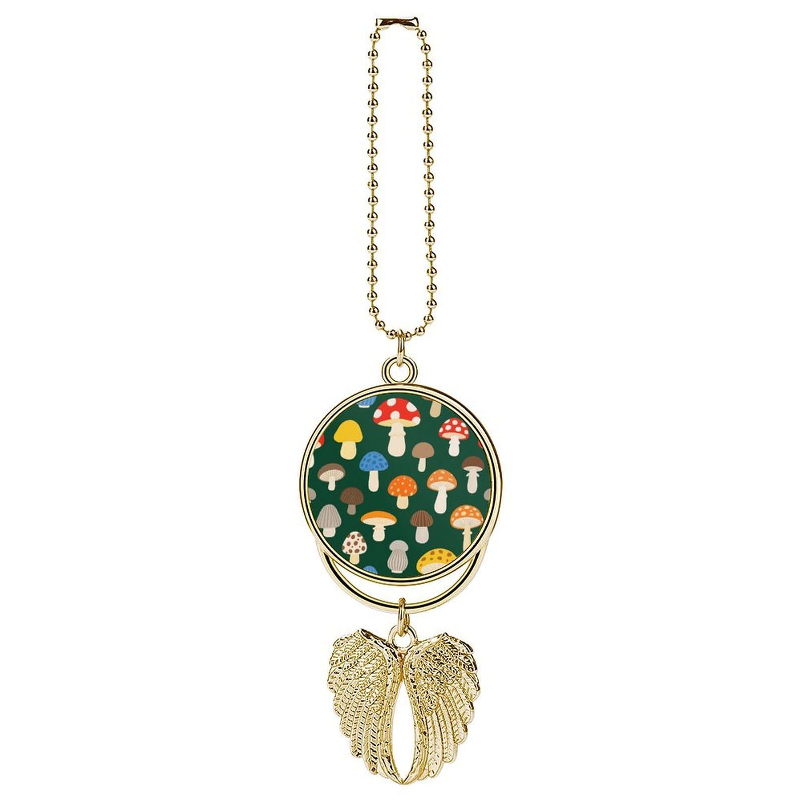 Various Mushrooms Guardian Angel Wing Car Ornament for Mirror, Zinc Alloy Hanging Charm with Spiritual Design for Protection, Rearview Mirror Accessory Decor Gift for Women Men(Golden)