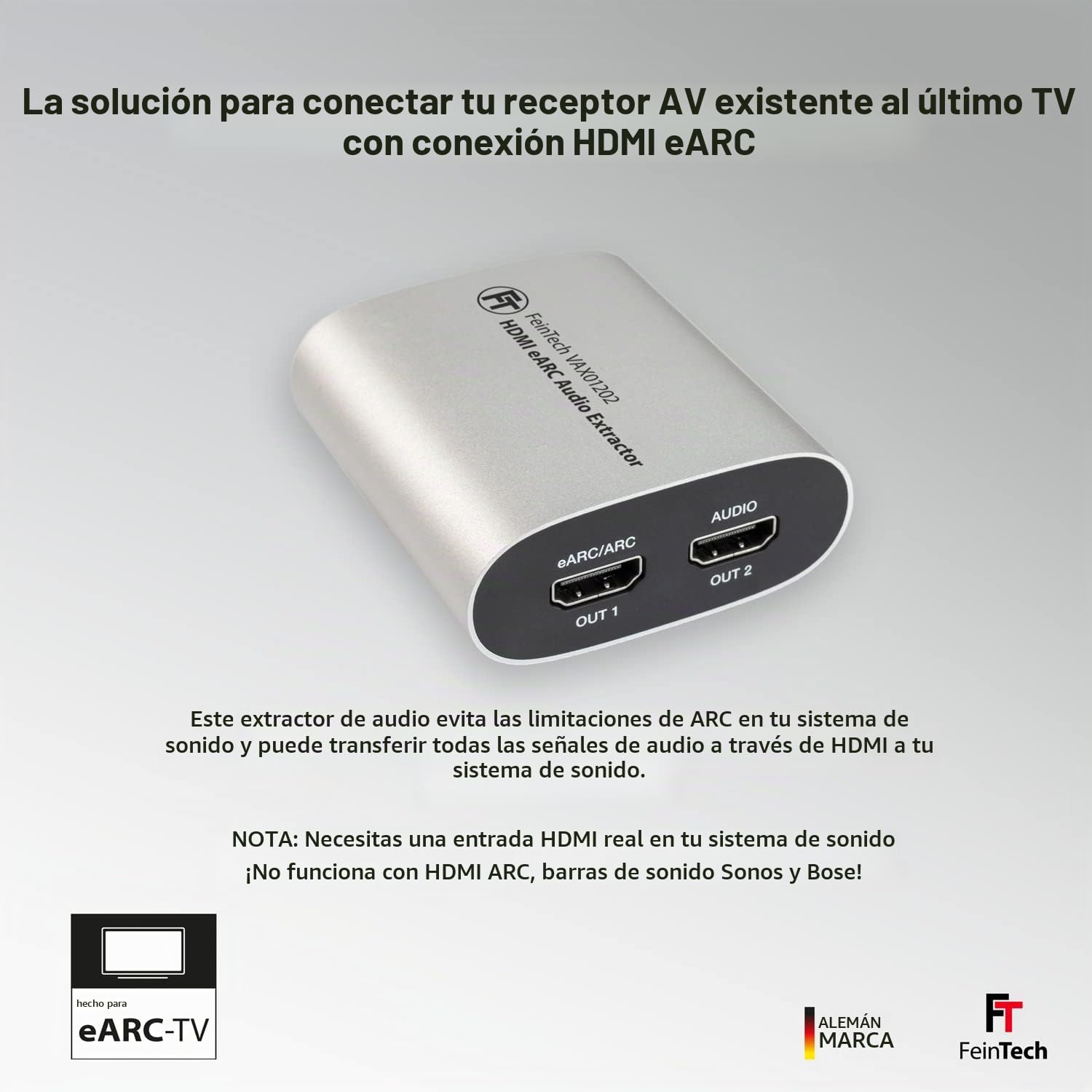FeinTech Extractor de audio HDMI eARC VAX01202 1x2 para televisores modernos con Dolby Atmos TrueHD DTS-HD a un receptor AV, 5 V DC || 500 mA || 1,75 W
