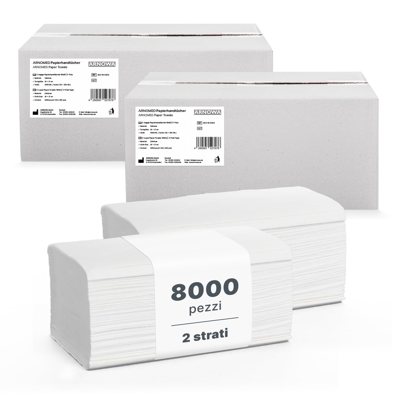 ARNOMED 8000 Asciugamani Monouso a 2 Veli Con Piegatura a V, Carta Mani Bianca 25x23cm per Dispenser 40x200, Usa e Getta