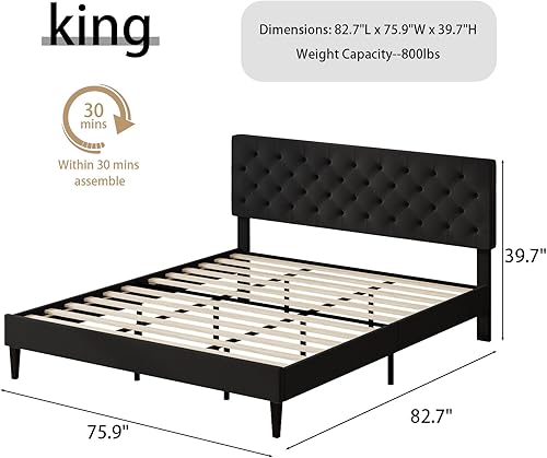 Miniatura 103 de BarnFurin Base de cama de tamaño matrimonial con cabecero, cama de plataforma tapizada con cabecera capitonada con botones ajustables, marco de cama