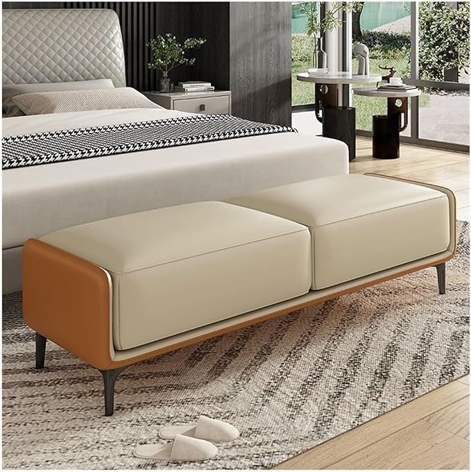 Puzio Faux Leather Upholstered Bench Ottoman couches Ottoman Bench 2 Seater Sofa Chaise Lounger Pouffe for Living Room Bedroom Office Cream-Orange