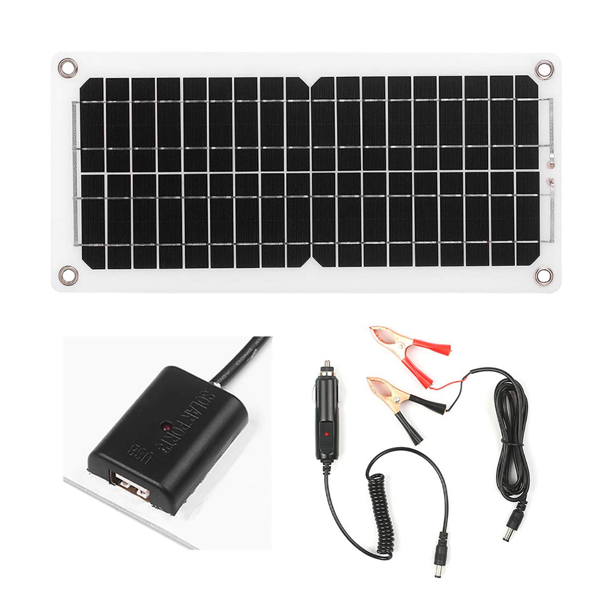 Kit de cargador de batería portátil de 12 V 10 W, con cable de carga, clip de cable, adaptador, cargador de energía solar accesorios para coche, barco, caravana, caravana