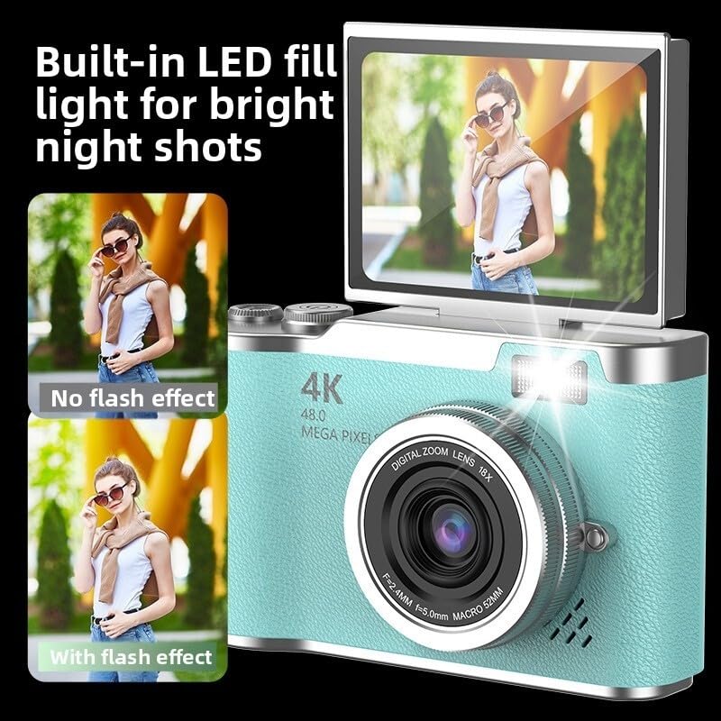 Fotocamera digitale, fotocamera compatta 4K 48MP con schermo flip a 180°, punto zoom 8X e scatto per studenti, adolescenti, principianti, colore nero