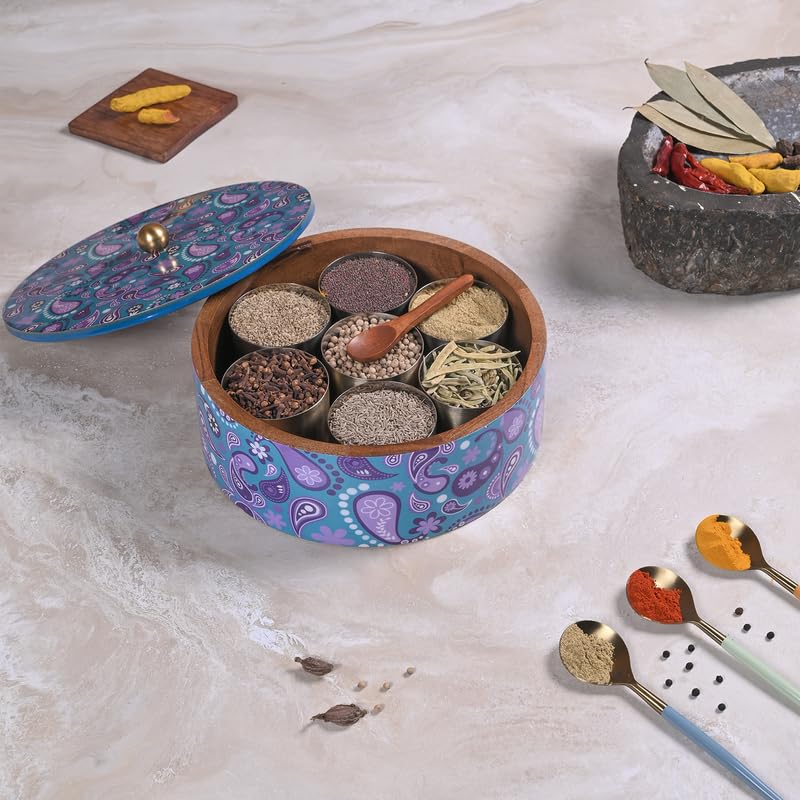 Image of Wooden Masala Box for Kitchen - 7 Stainless Steel Jars with Wooden Spoon | Stainless Steel Brass Lid with Knob | Multipurpose Dry Fruit & Spice Storage - Purple (Printed)