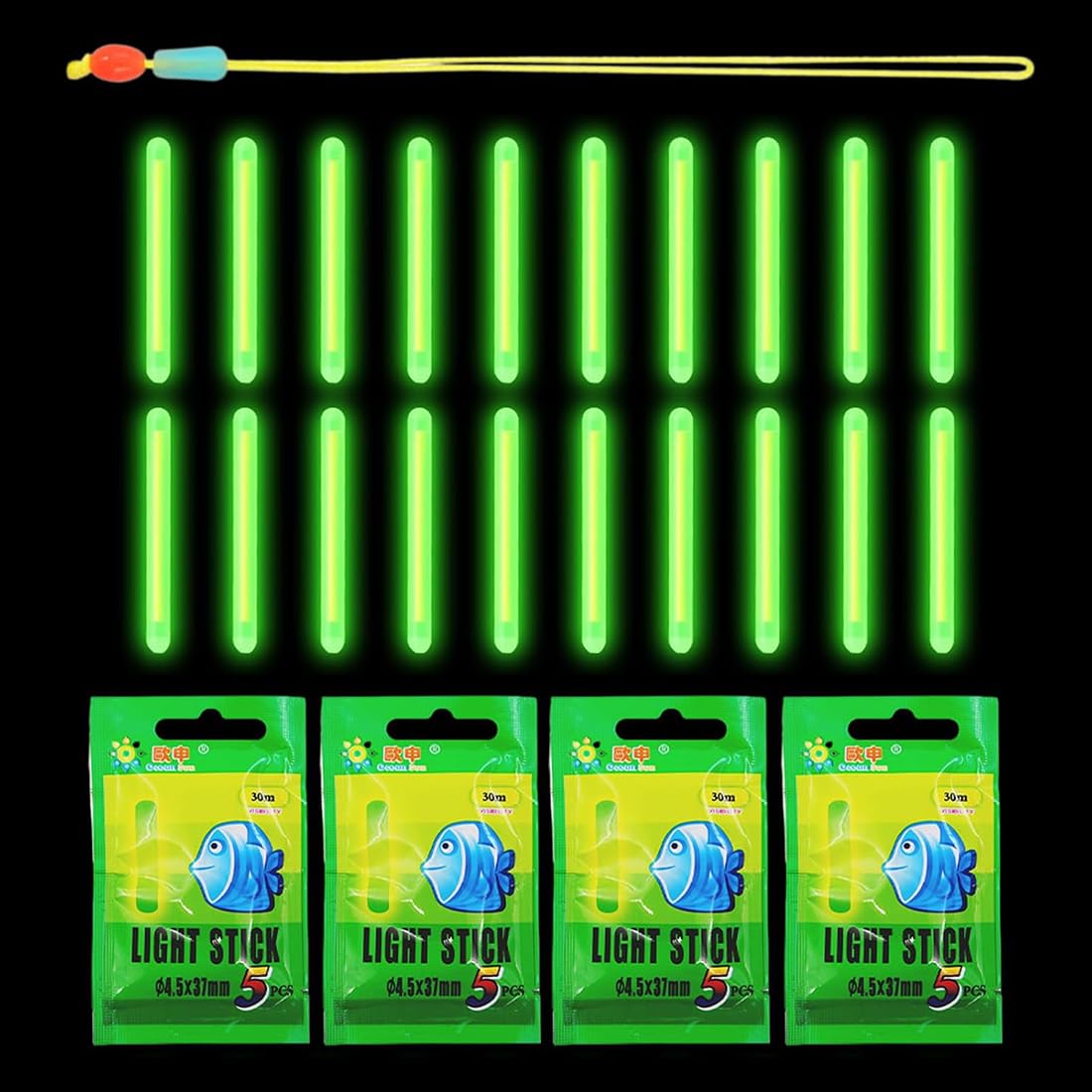 Palos Luminosos para Pesca, Barras de Luz para Pesca Nocturna, Glowsticks Verdes, Luz Estelar para Caña de Pescar, 20 Unidades