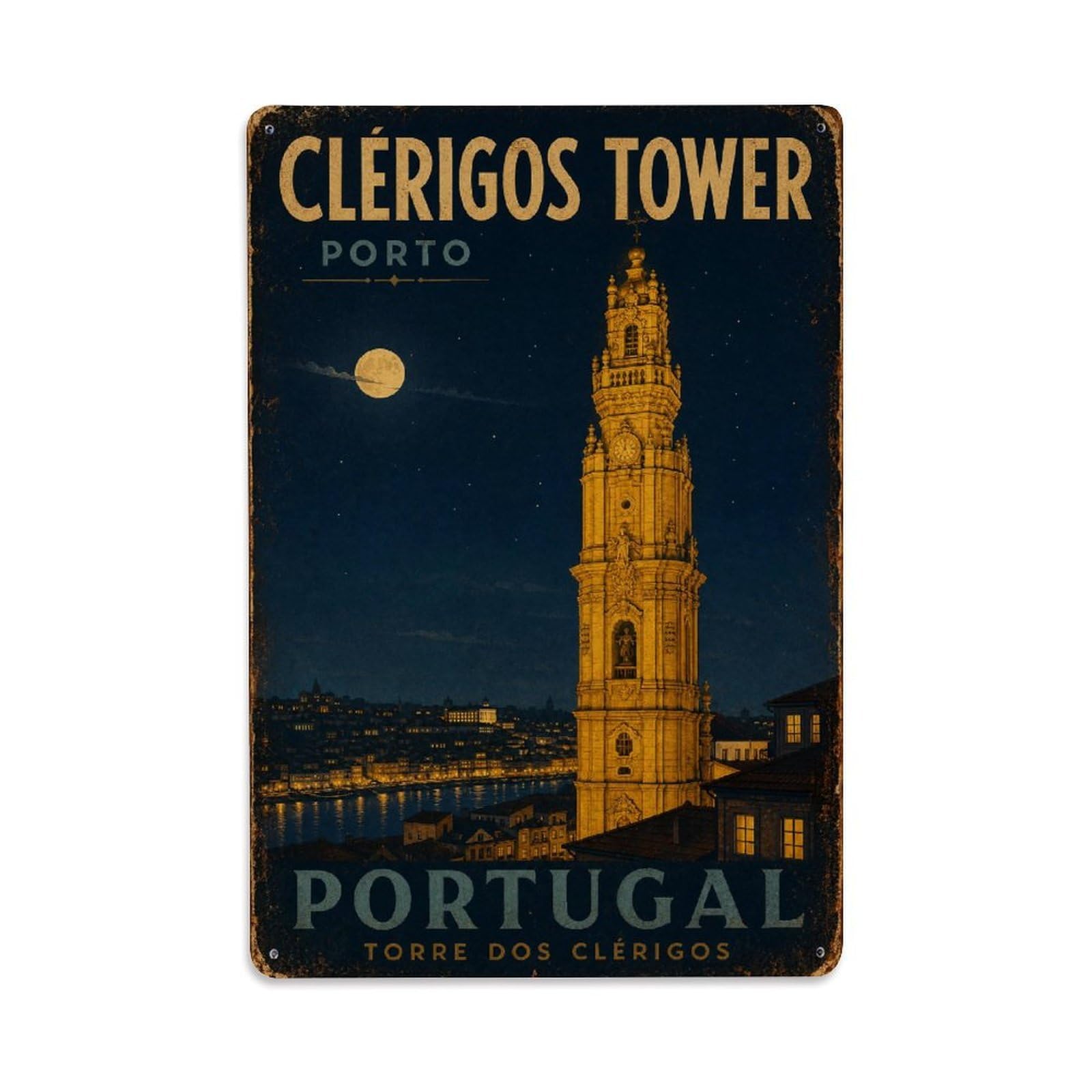 Vintage Travel Clerigos Tower Night Illuminated Portugal Metal Tin Sign Wall Decor for Cafe, Club, Garden Metal Poster 8x12Inch