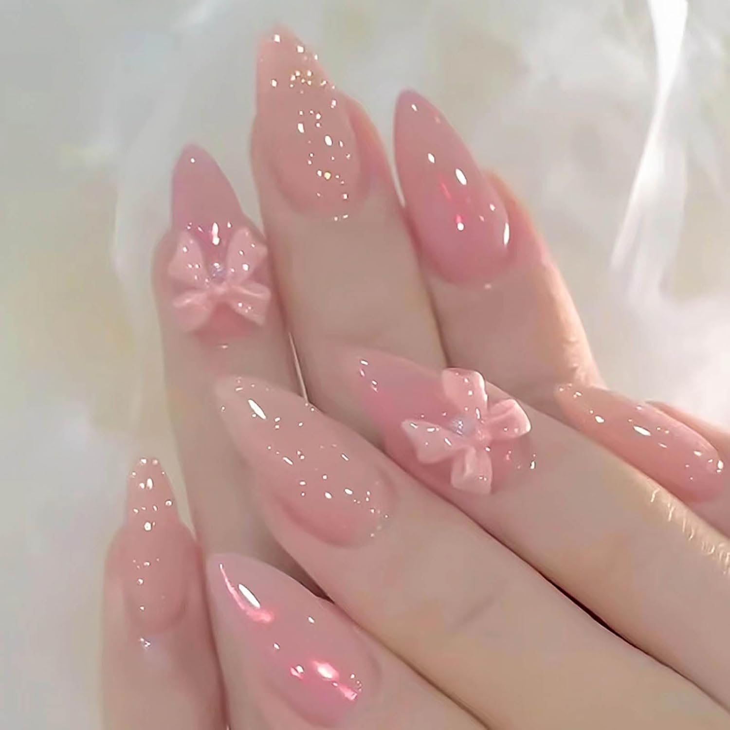 24 Reusable Artificial Fake Nail Set| Light Dark Peach Color With Baby Pink Bow And Rehinstone Design Glitter Glossy Nails| Lightweight & Long Lasting| Quick Fix For Festivals & Special Occasions-image-9