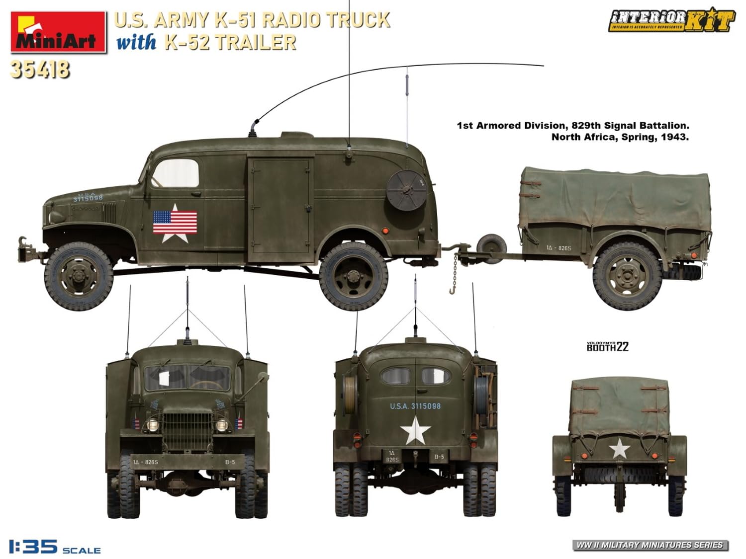 MiniArt 35418 1:35 US Funkwagen K-51 mit Anhäng. K-52 - originalgetreue Nachbildung, Modellbau, Plastik Bausatz, Basteln, Hobby, Kleben, Modellbausatz, Zusammenbauen, unlackiert