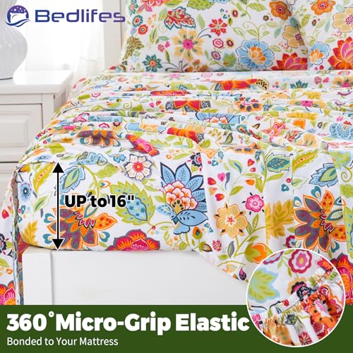 Image of Bedlifes King Floral 4-Piece Sheet Set - Cooling Sheets Blend Rayon Derived from Bamboo,Soft & Breathable, Deep Pocket 16 inch, Wrinkle Resistant - Vibrant Boho Floral Spring Design