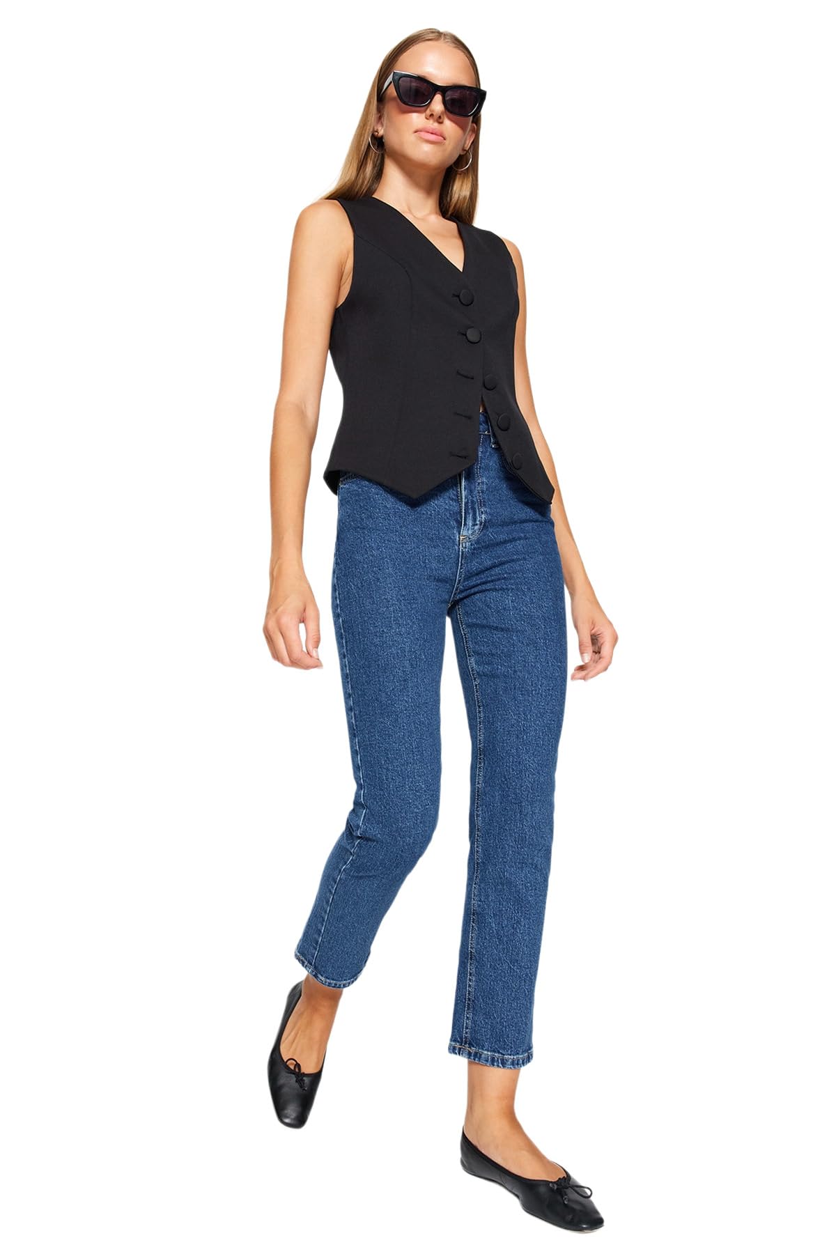 Trendyol Women's Damen Gerade Gerade Hohe Taille Jeans Jeans, Dark Blue,