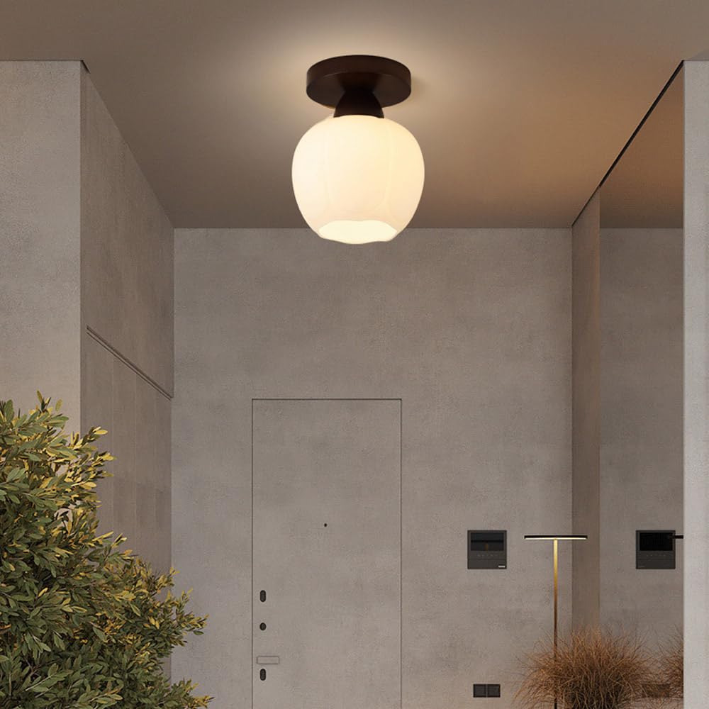 Półwpuszczana drewniana lampa sufitowa ze szklanym kloszem - Minimalistyczna lampa wewnętrzna do przedpokoju, kuchni, sypialni i biura (kolor orzech)