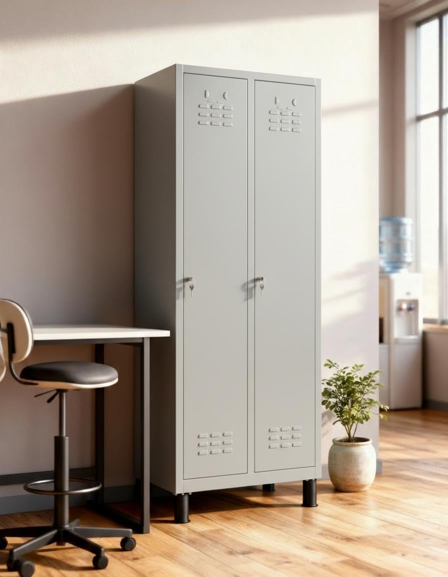 Armadietto metallico 180 x 65 x 40 cm Armadietti Spogliatoio a 2 ante - Armadietti metallici con serratura con chiave - Armadietto guardaroba 2 ante metalliche (Grigio)