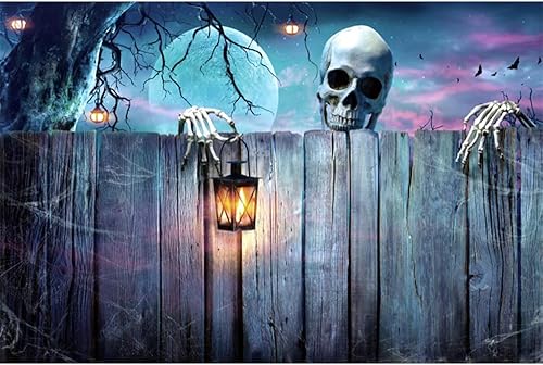 Laeacco Telón de fondo de fiesta de Halloween de 10 x 7 pies, horrible noche de Halloween, fondo de fotografía, pared de madera vintage, linterna de