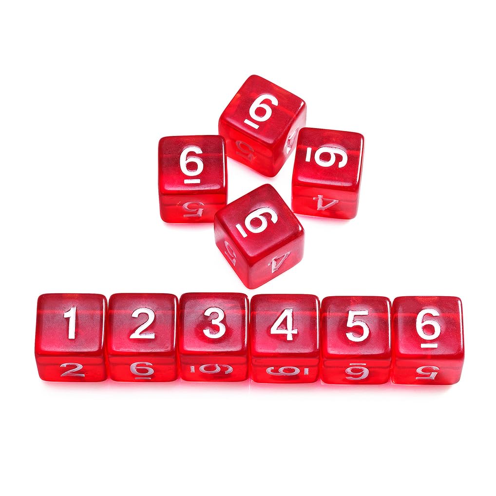 Juego de 10 dados poliédricos D6 de 16 mm de acrílico de 6 caras para juegos de mesa de Dungeons and Dragons RPG MTG DND (rojo transparente)
