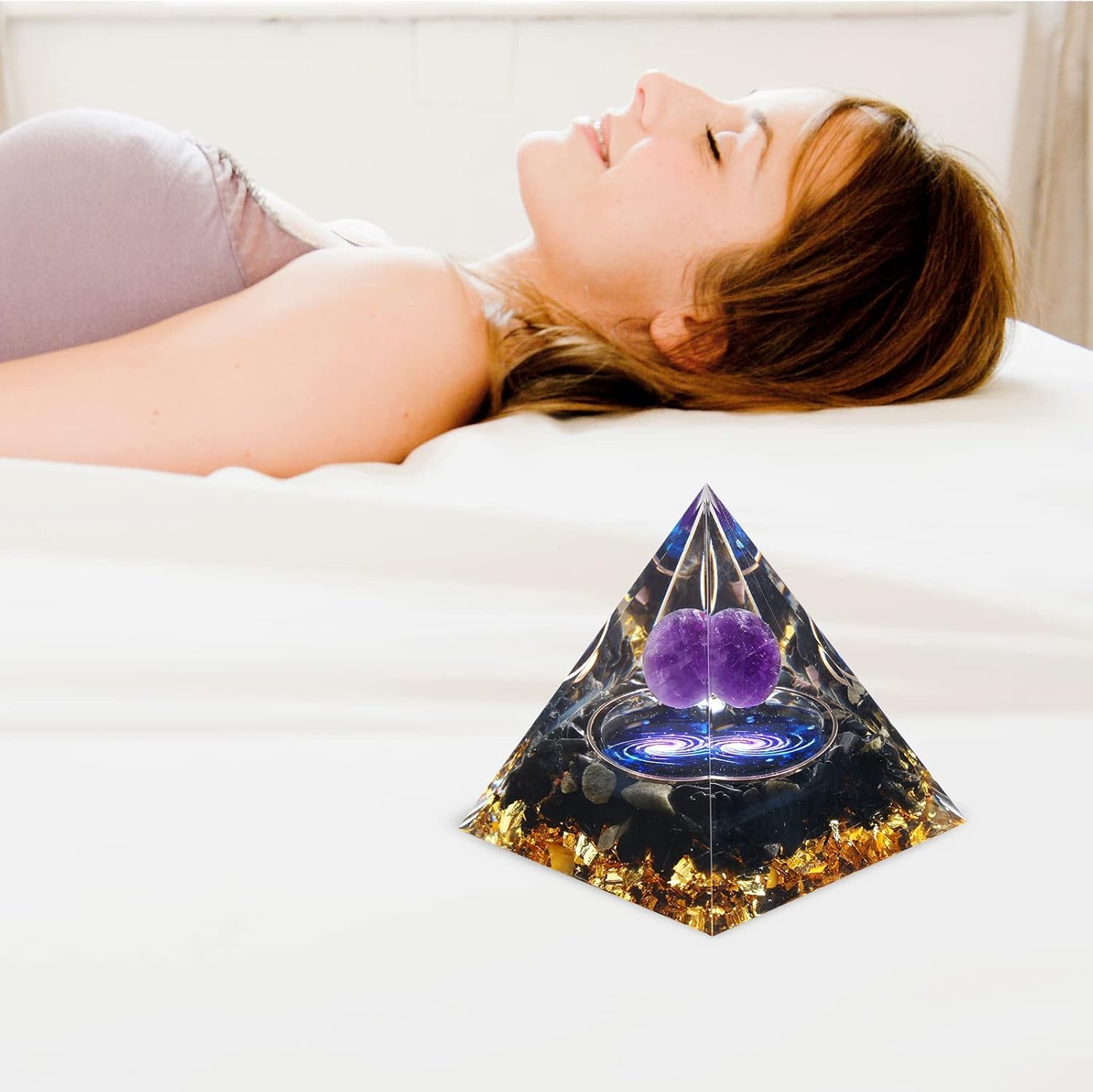 Mokeum Pirámide de orgón para la energía Positiva, pirámide de la Esfera de Cristal de Amatista, generador de energía de Cristales de protección para Reducir el estrés meditación curativa