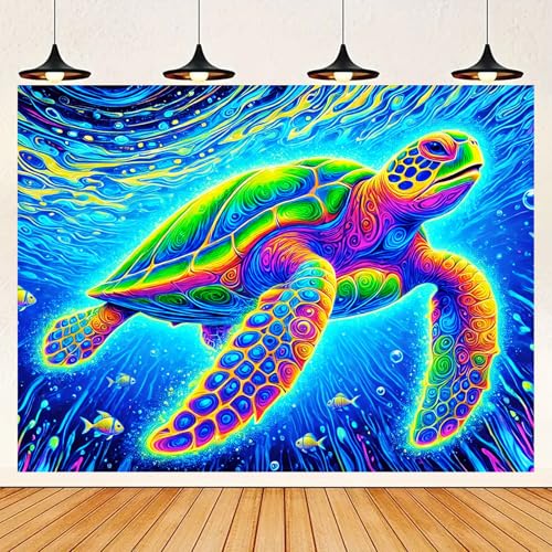 Image of BlissYard Blacklight Tapestry 78x59 Inch Sea Turtle Glow in the Dark Trippy Ocean Wall Art UV Reactive Neon Psychedelic Turtle Tapestry for Bedroom Dorm Party Wall Hanging Decor