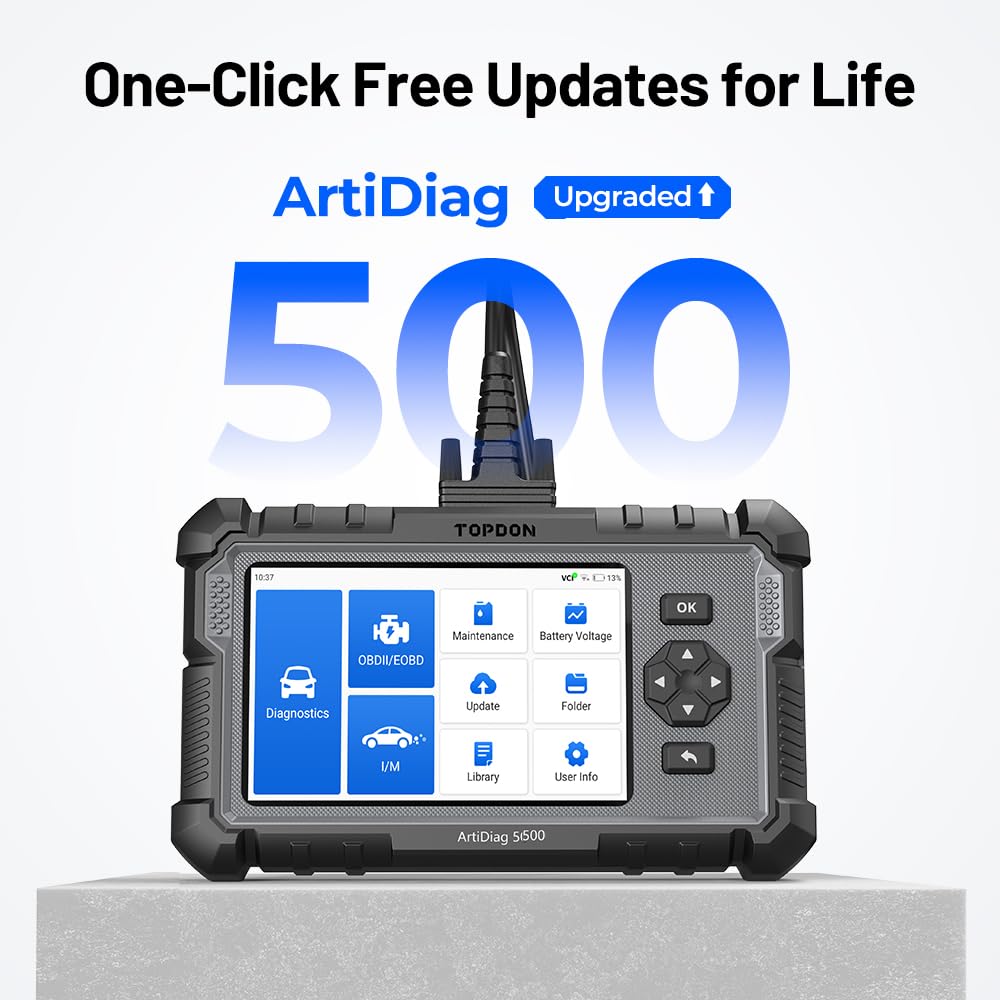 TOPDON ArtiDiag500 OBD2 Diagnosis Scanner para 4 Sistemas Motor Transmisión ABS SRS, 6 Servicios de Aceite/SAS/ETS/TPMS/BMS/Freno Máquina Diagnosis Multimarca, Actualización Gratuita por Wi-Fi