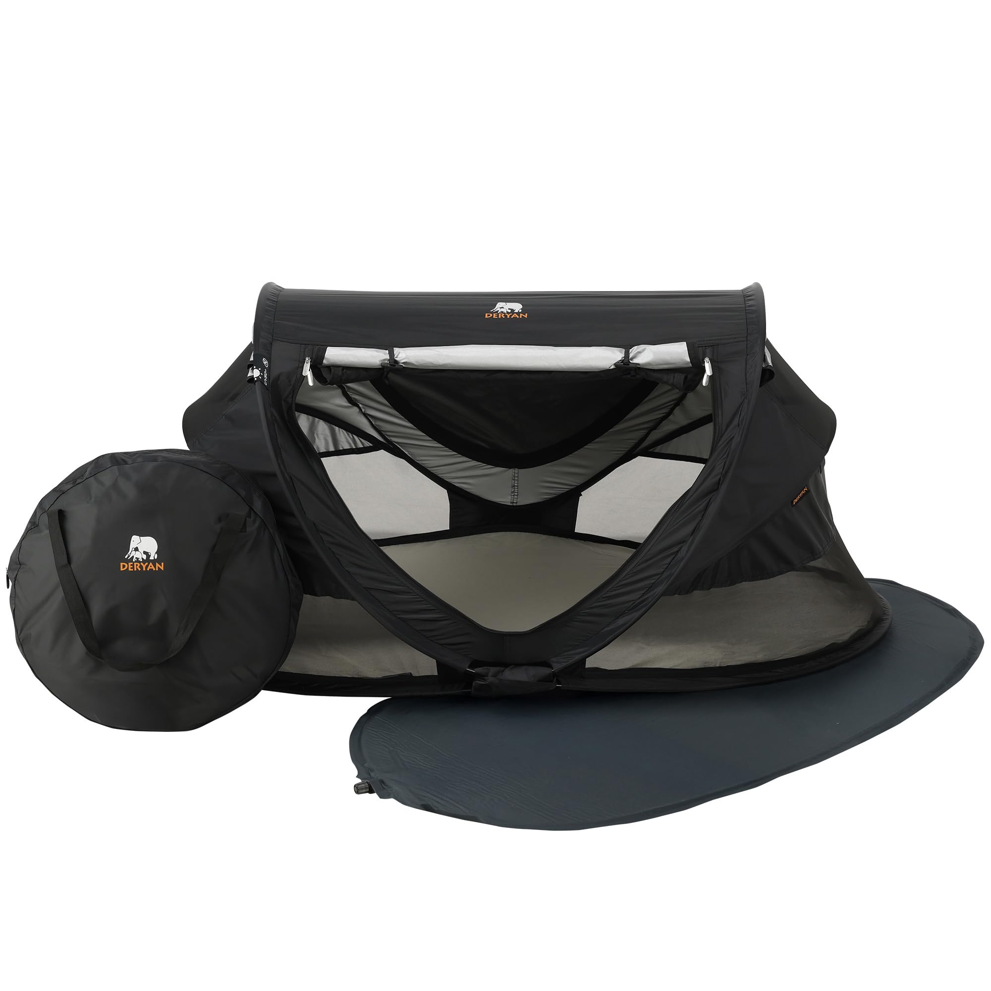 DERYAN Lettino da viaggio Peuter Luxe - Nero - Sistema pop-up - Set-up in soli 2 secondi - Copertura in cotone con cerniera, materasso ad aria autogonfiante e borsa per il trasporto