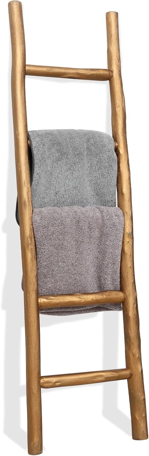 FUIN Fully Assembled 5ft Wood Blanket Ladder Living Room Decorative Wall Leaning Farmhouse Quilt Display Holder Rustic Wooden Towel Rack for Bathroom, Gold 5 ft | Fully Assembled Gold