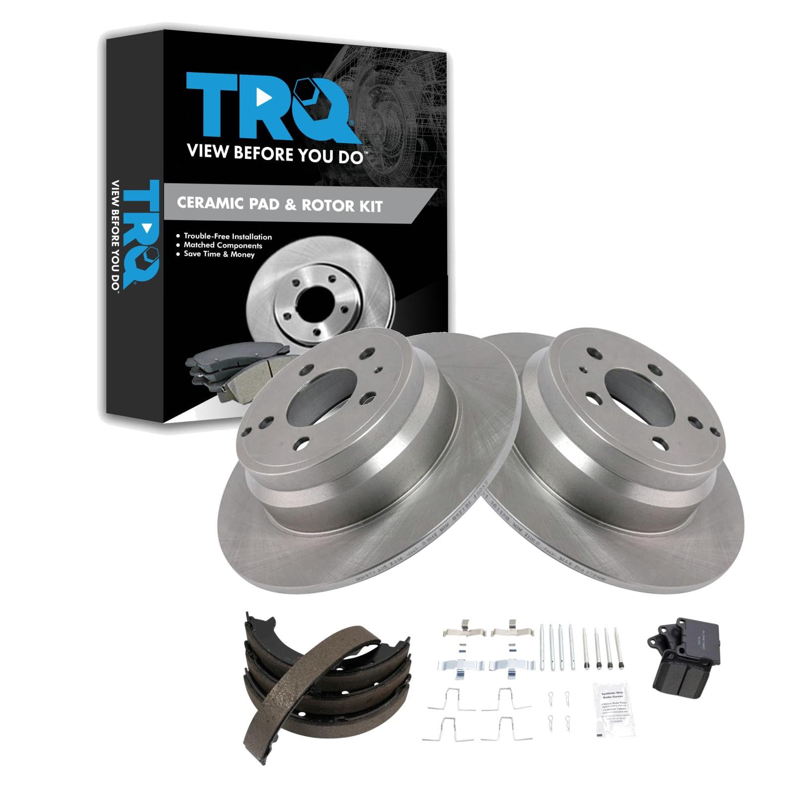 TRQ Rear Brake Pad and Rotor Set Ceramic Parking Brake Shoe Compatible with 1994-1996 Volvo 850 1998-2004 C70 1998-2000 S70
