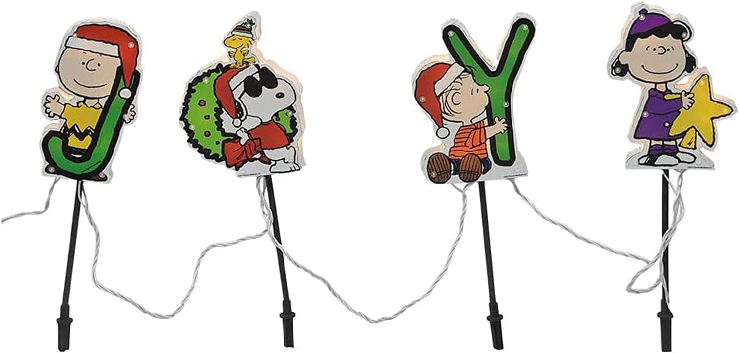 PRODUCTWORKS 12-Inch Peanuts 2D Pre-Lit Yard Art with 40 LED Lights Flat PVC Christmas Pathway Markers with Lucy, Linus, Snoopy and Charlie Brown