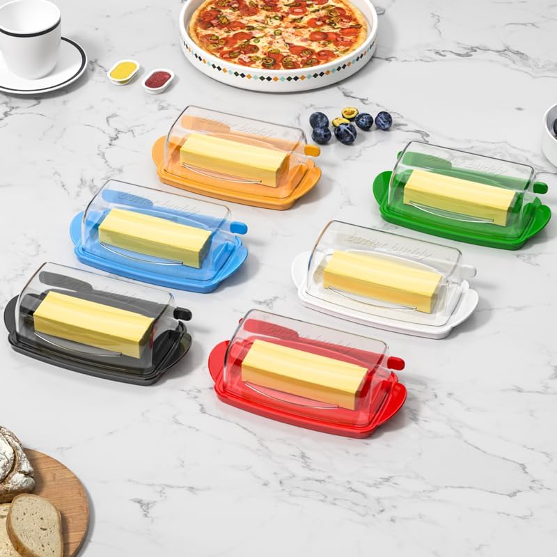 Miniatura 7 de Mantequillera con tapa y cuchillo, platos de mantequilla grandes de plástico abatible tapa transparente con bisagras, parte inferior antideslizante