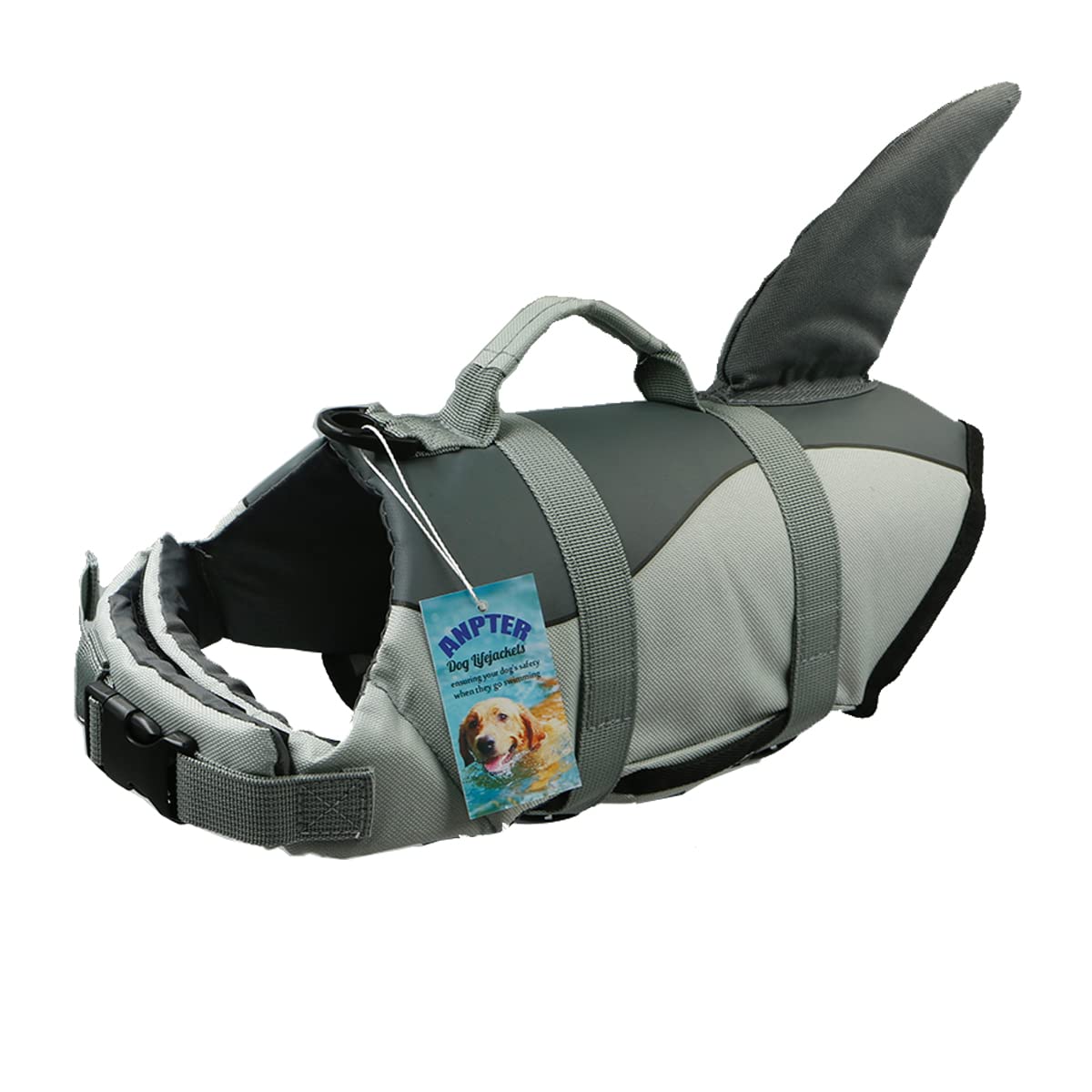 Chaleco Salvavidas para Perros Pet Dog lifejacket Mascotas Chaqueta de Seguridad Perrito con Aleta de Tiburón Ropa de Baño,Rayas Reflectantes,Ajustable (Large, Gris Chaleco Salvavidas para Perros)