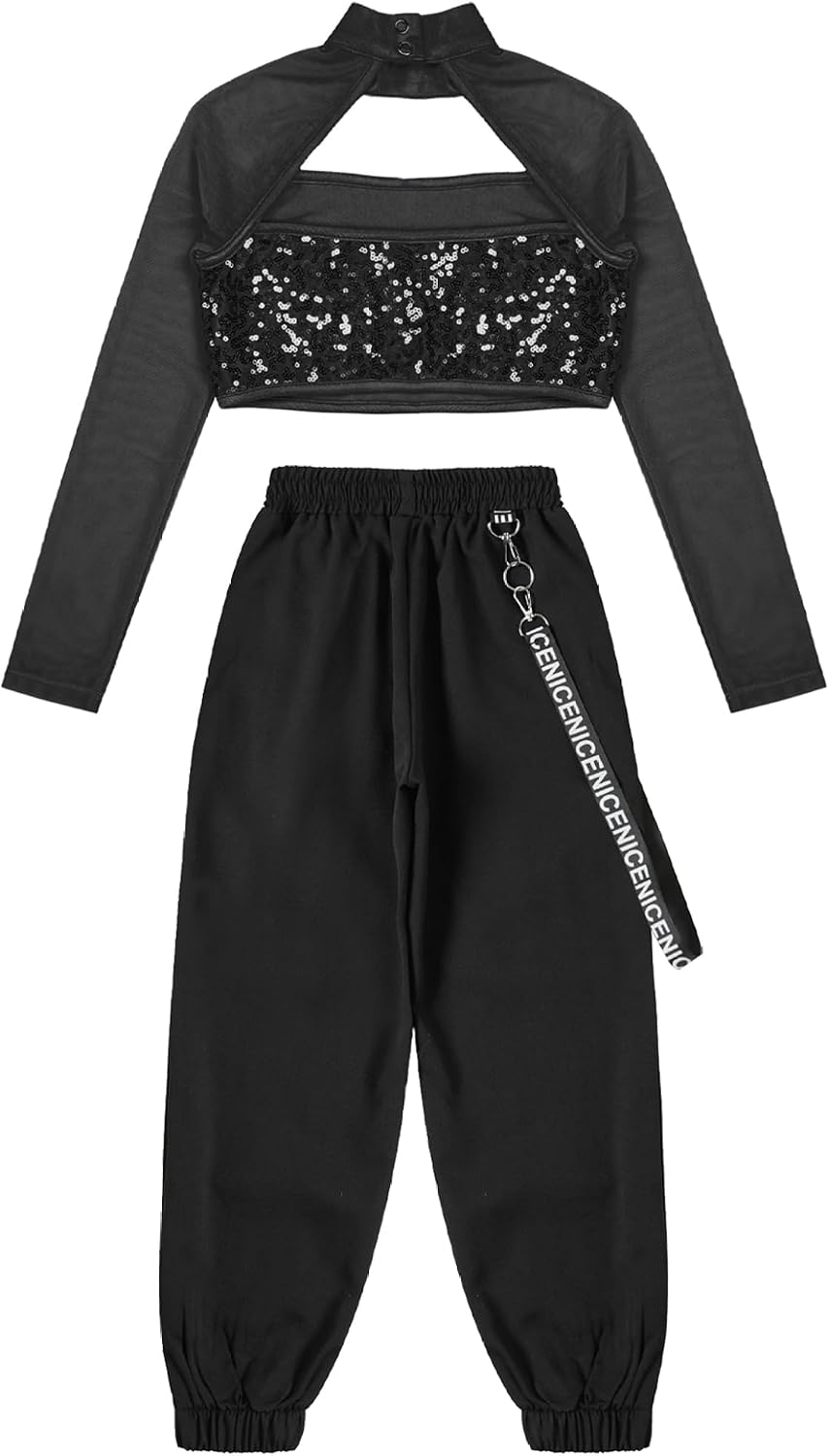 Kids Girls 2 Piece Hip Hop Street Dance Outfits Mesh Sleeve Crop Tops and Cargo Pants Set Dancing Tracksuit