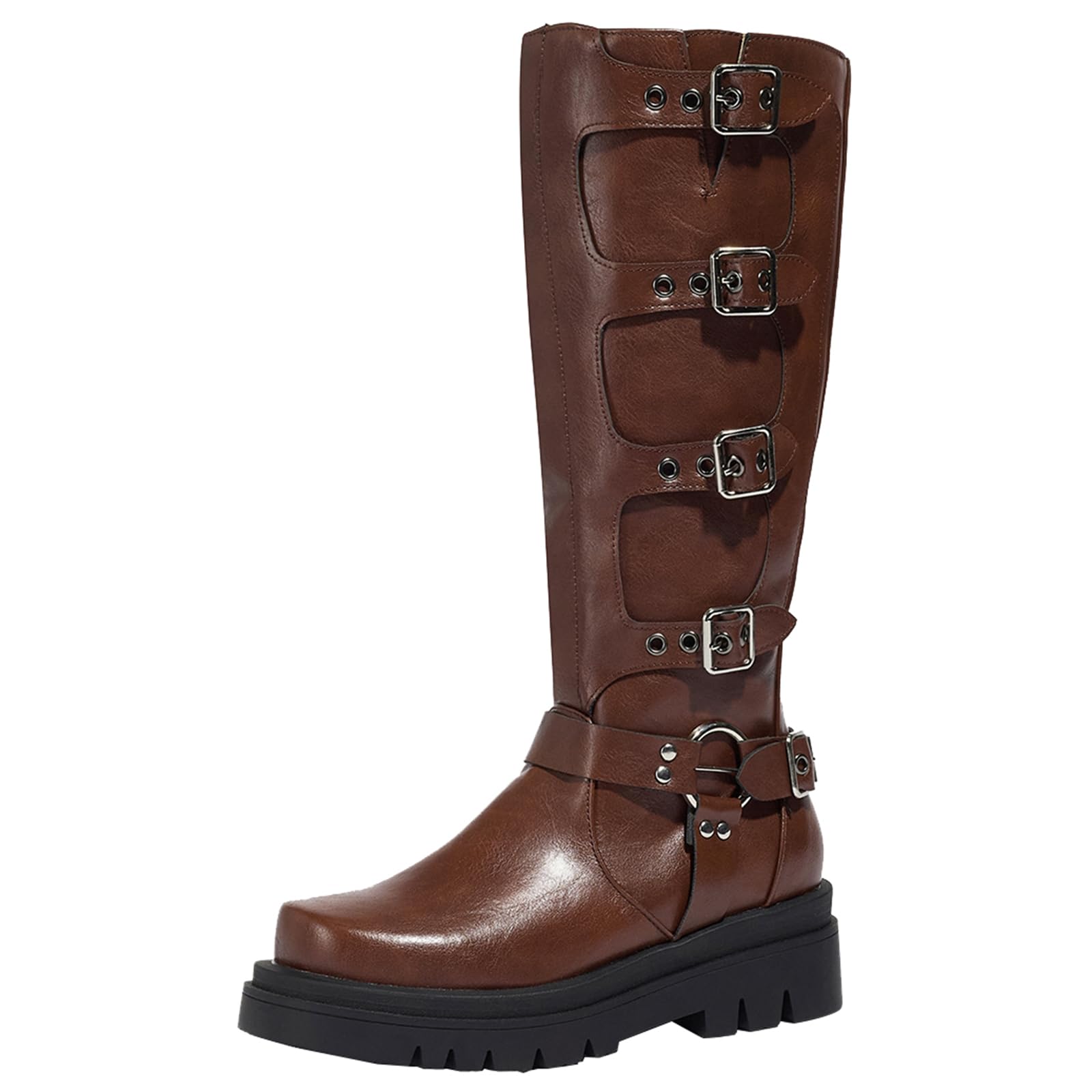 Ladies Slip On Knee High Mid Block Heel High Riding Boots With Metal Buckle Decoration