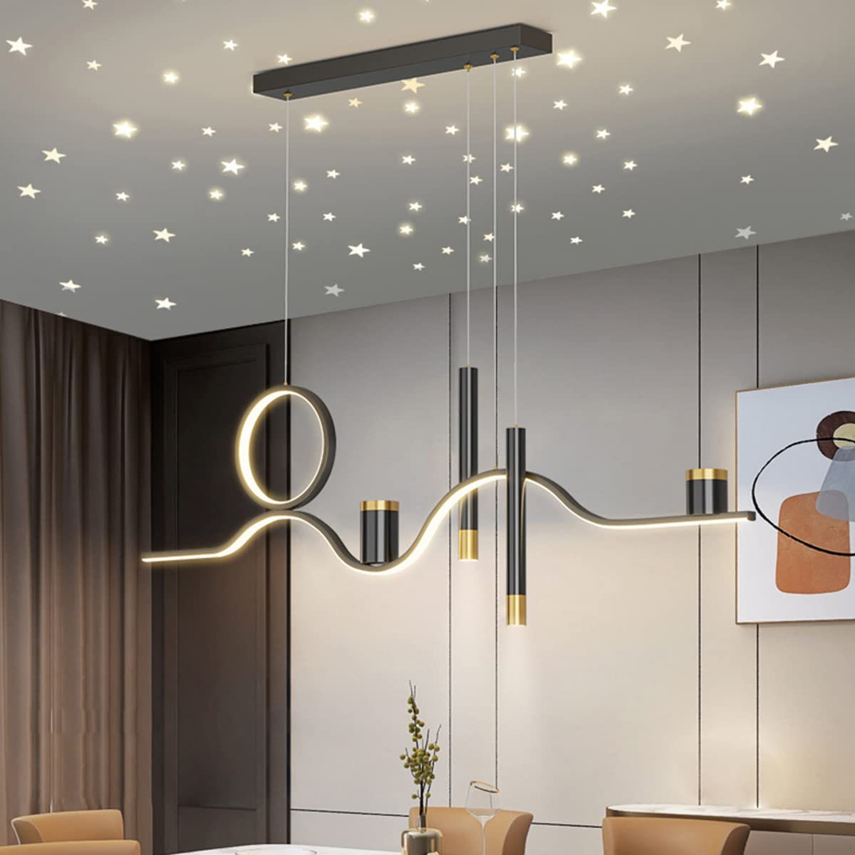 Bellastein Star Clear Sky Pendant Lamp LED Dining Table Pendant Lamp Height Adjustable Remote Control Ceiling Light for Dining Room Living Room Office Lamp (Black)