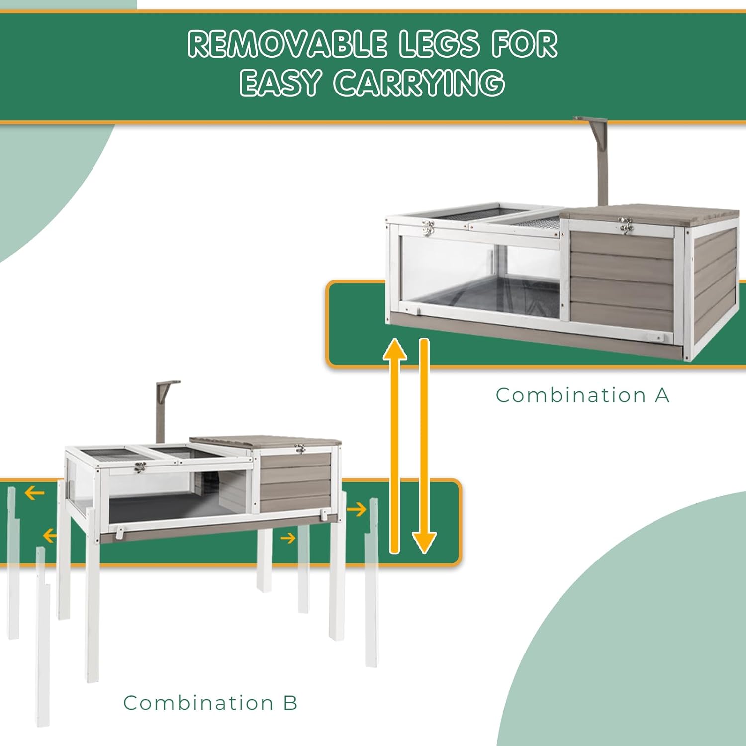 Tortoise Habitat Tank Indoor Outdoor, Wooden Tortoise House with Detachable Legs, 2-Room Reptile Turtle Enclosure Cage for Small Animals, Lamp Holder,Leakproof Tray, Grey