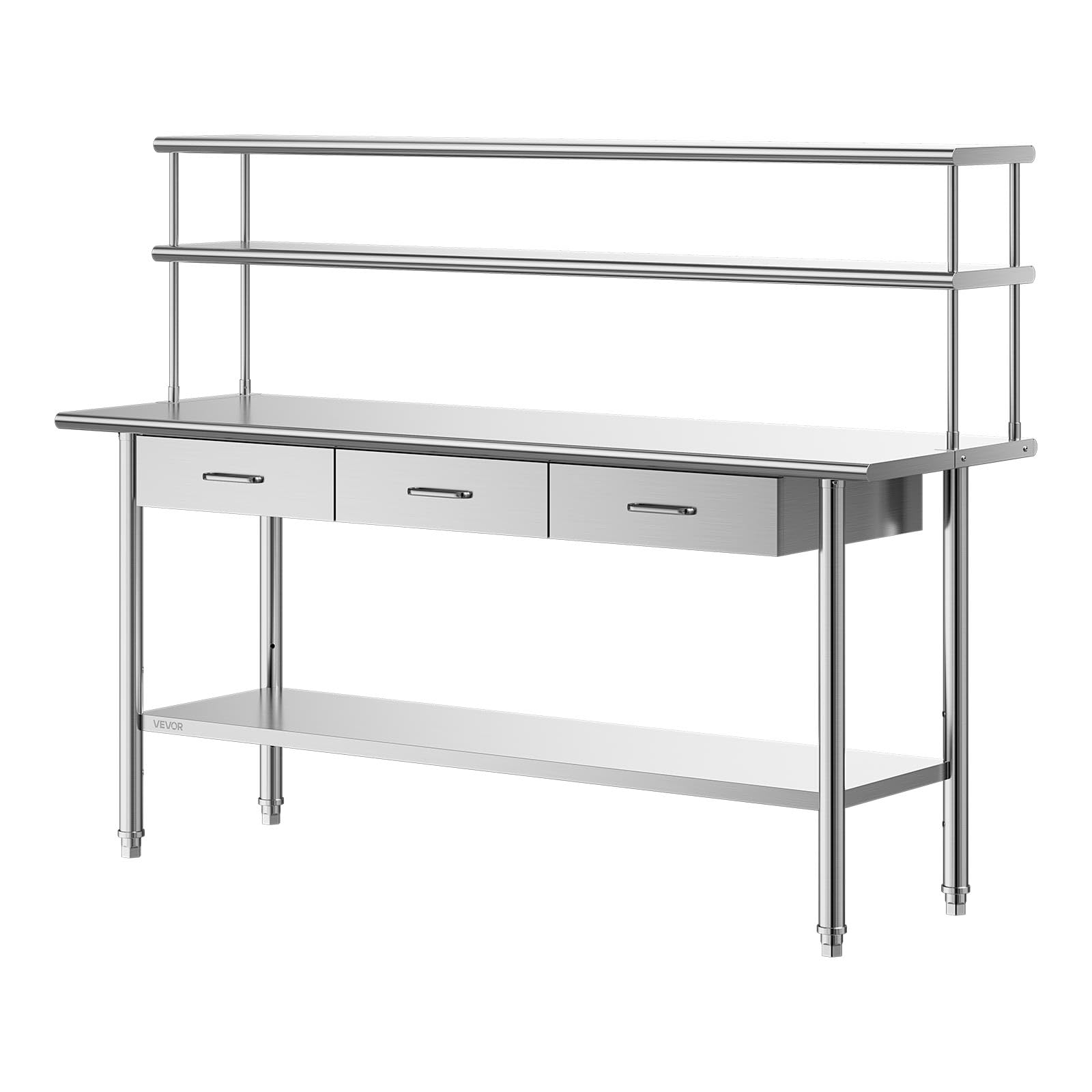 VEVOR Mesa de Trabajo de Acero Inoxidable con 3 Cajones y Estantes Superiores, Mesa de Preparación 182,9x61x140 cm, Estante Inferior Ajustable, Bordes Redondeados, para Restaurantes, Hoteles, Garajes