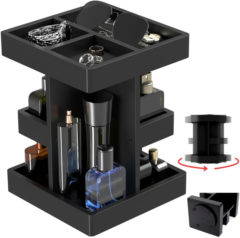 Cologne Organizer for Men, Cologne Stand, 3 Tier Large Capacity Wood Perfume Shelf with Rotate, Desk & Nightstand Organizer, Mens Husband Birthday Gifts Ideas, Christmas Gifts for Men (Black) (Model 1)