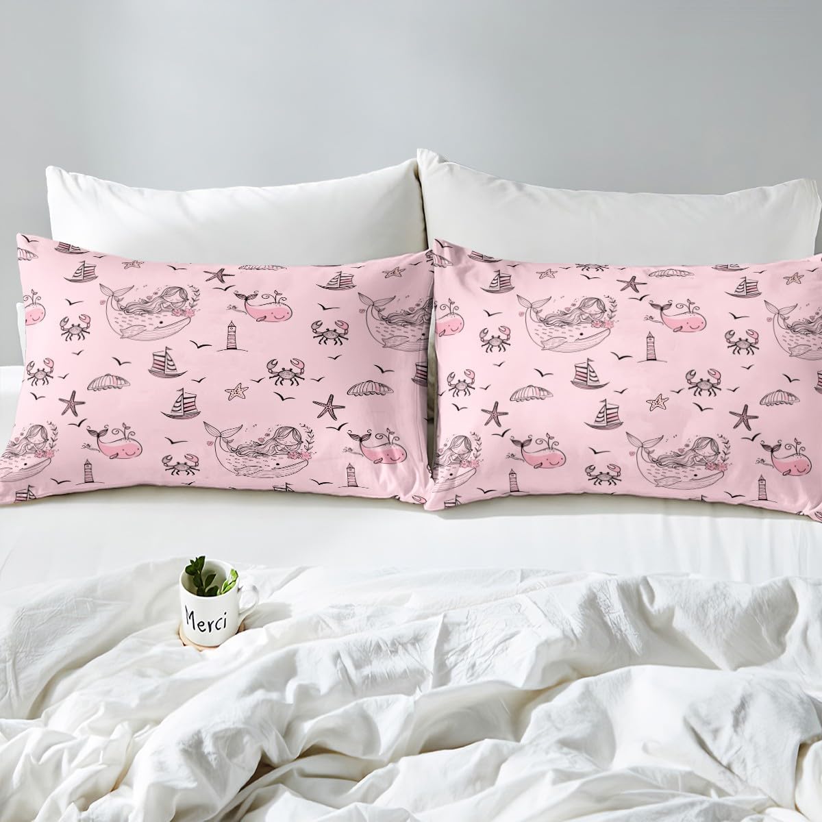 Cute Mermaid Toddler Bedding Set Full Size, Ocean Animal Lovely Whale Bed Sheets Marine Life Fitted Sheet for All Season, Lightweight Underwater World Bed Set Pink Room Decor, Hot Pink