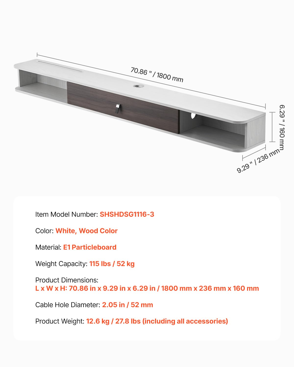 VEVOR Mobile TV Sospeso a Parete con Foro per Cavi, Mensola TV Galleggiante con Spazio di Archiviazione, per Lettore DVD, Console di Gioco, Capacità 52 kg, Bianco, 1800 x 236 x 160 mm