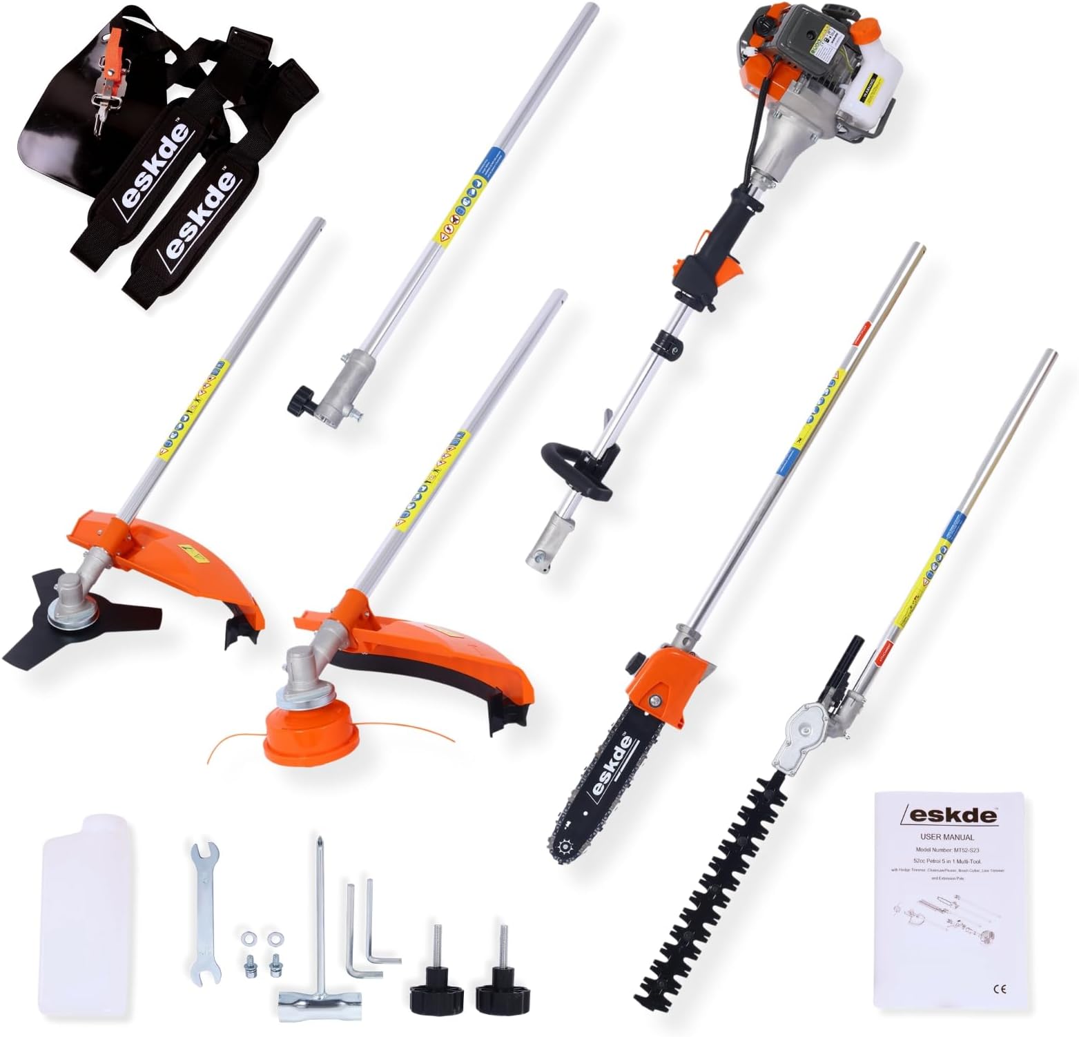 5-In-1 Garden Multi Tool - 52cc 2 Stroke Petrol Strimmer Pull Start, Brush Cutter, Hedge Trimmer, Chainsaw and Extension Pole with Harness and Tool Kit | Long Reach Gardening Multitool | eSkde