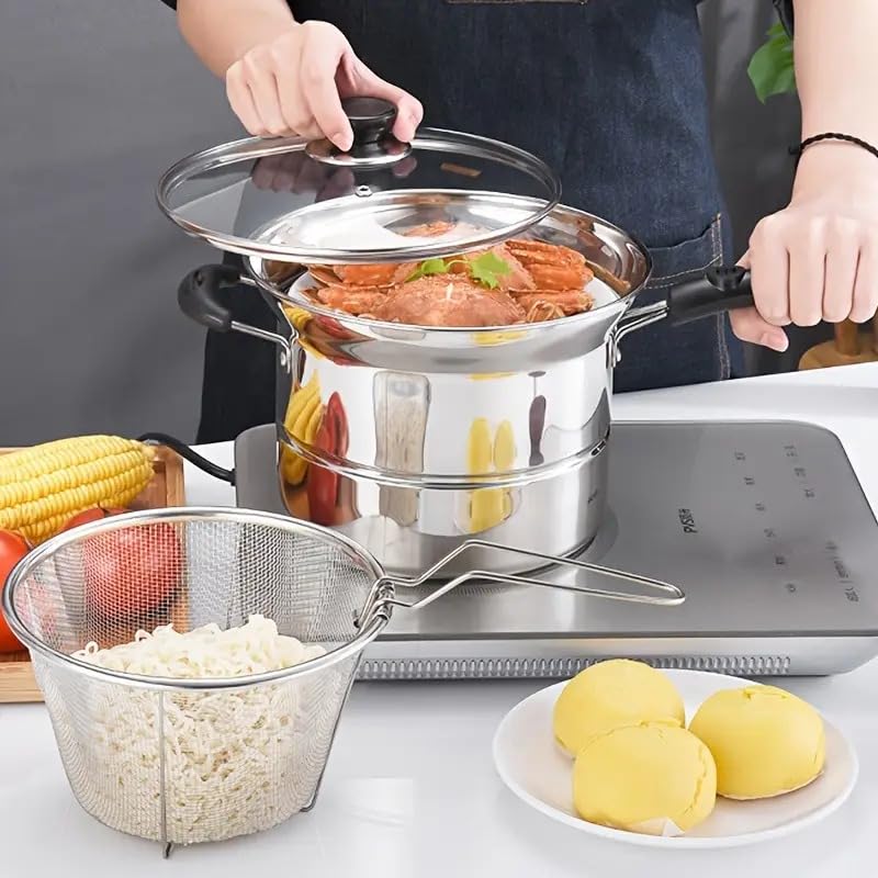 Image of Small Deep Frying Pot with Strainer Basket,1200ml Stainless Steel Pan with Handle,Ideal for Frying French Fries /Chicken Wings /Shrimp /Boiling Butter /Gravies (2 in 1 Frying Pot)