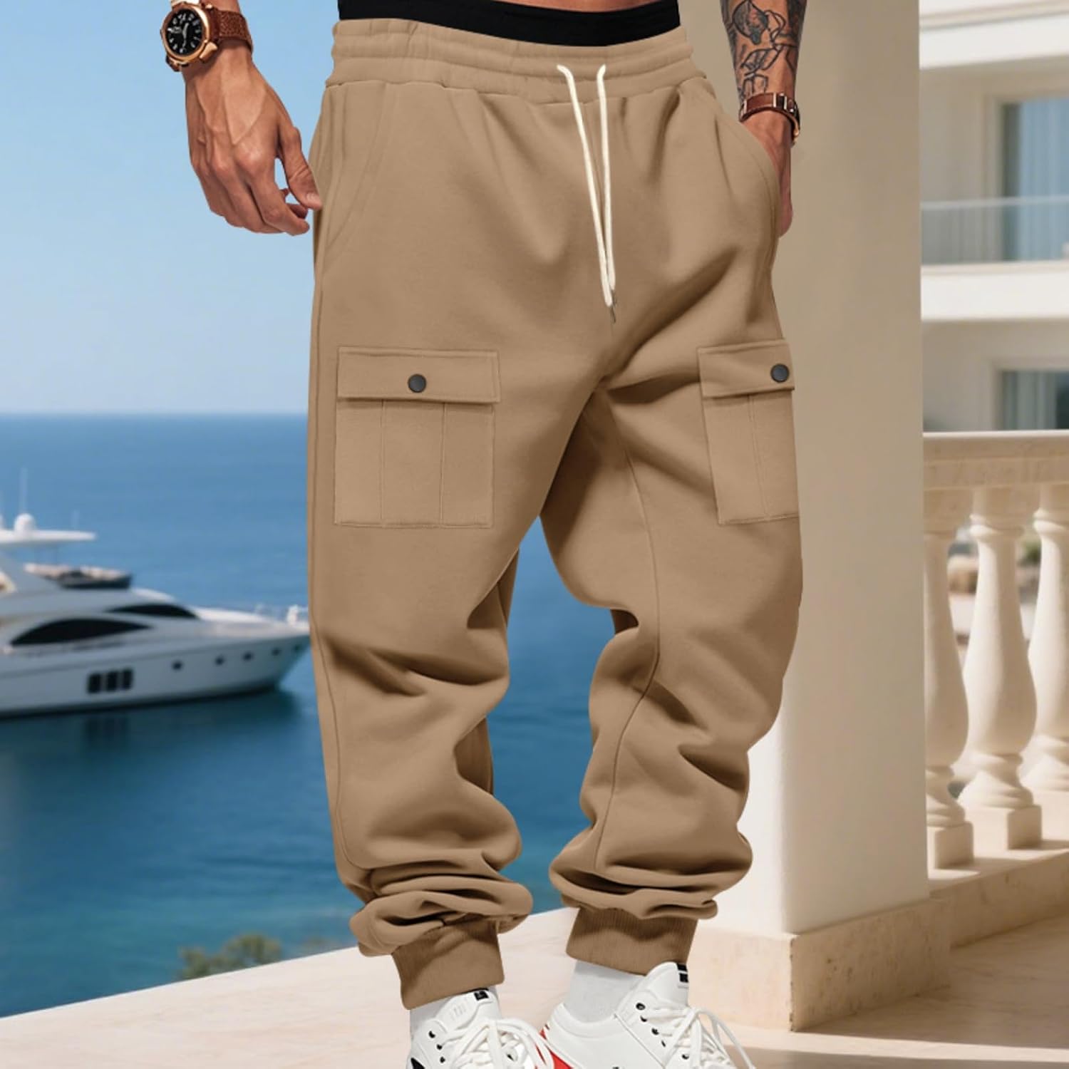 WENKOMG1 Men's Jogging Sweatpants Elastic Bottom Straight Leg Gym Workout Cargo Sweat Pants with Pockets, S-3XL